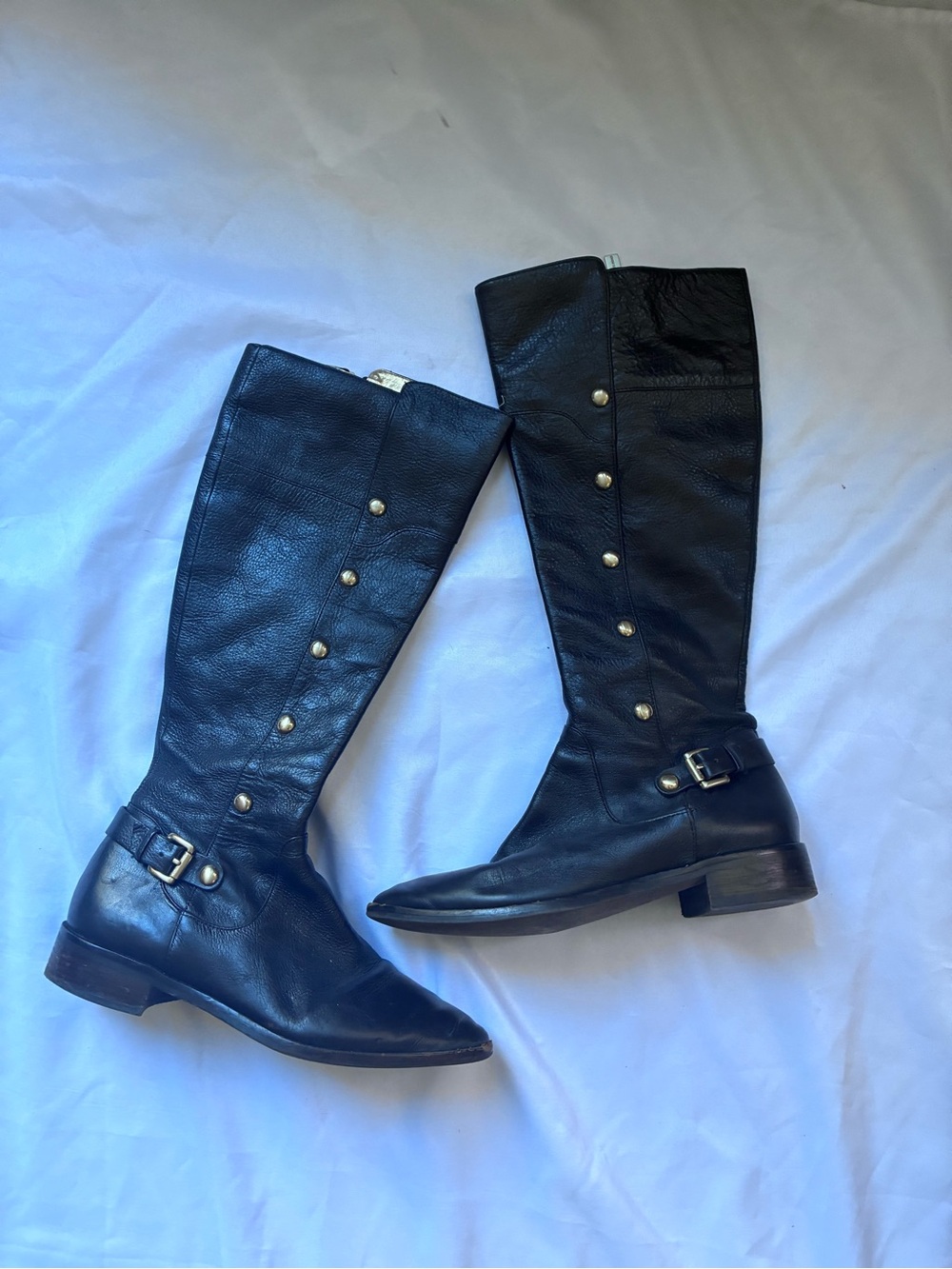 Michael Kors Classic Brown Leather Knee-High Boots with Gold Studs